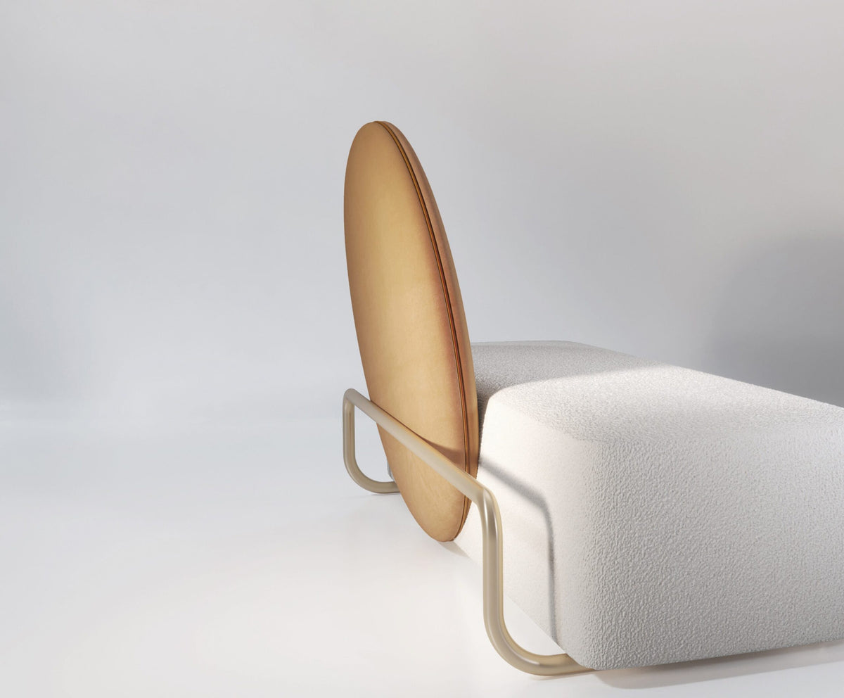 Horizon Sofa, side angle showing tilted disc backrest and brass frame