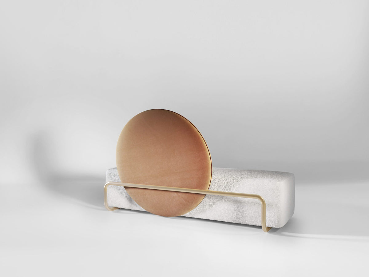 Horizon Sofa, low front angle showing disc backrest within brass frame