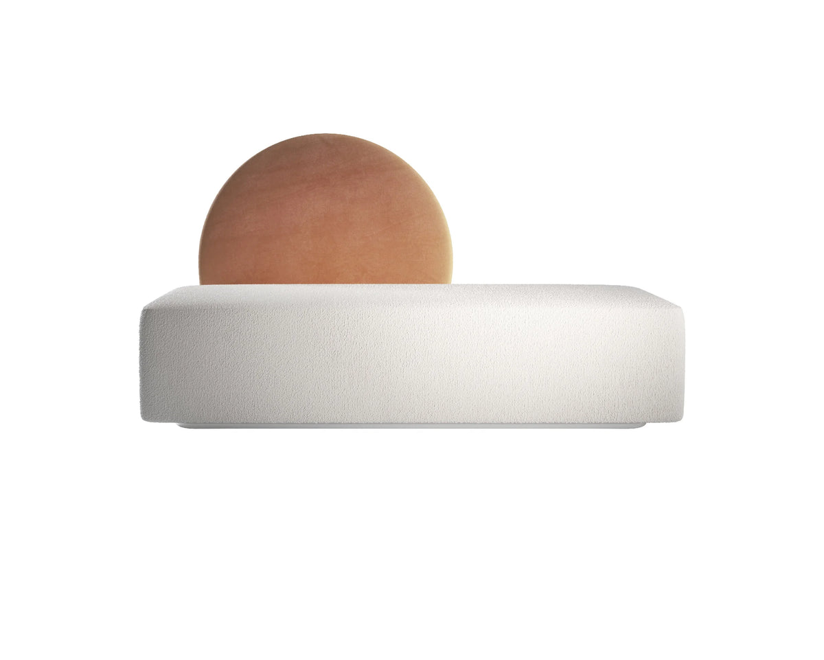 Horizon Sofa, front view with terracotta disc backrest and silver base