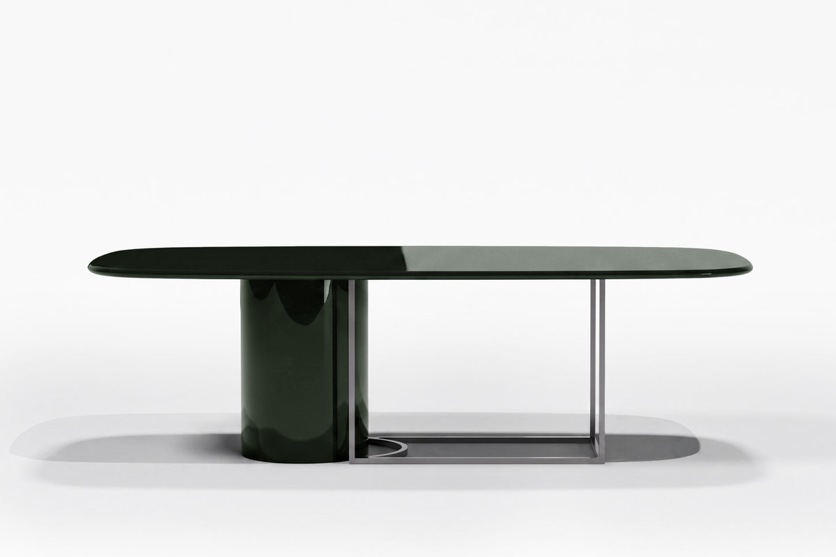Horus Dining Table in dark green gloss lacquer, side view of the column and open frame