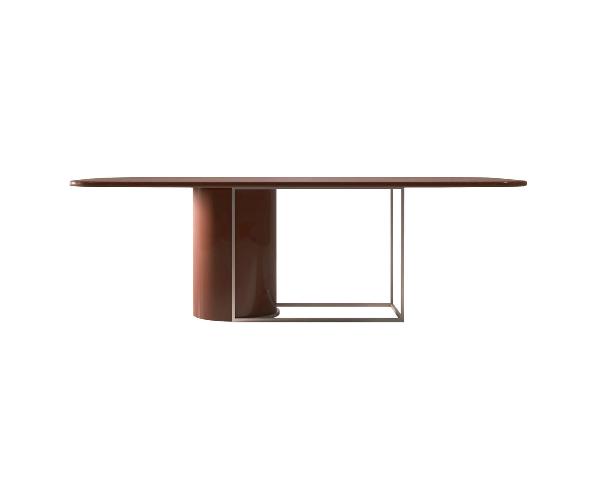 Horus Dining Table with rust lacquer and Satin Champagne frame, front view