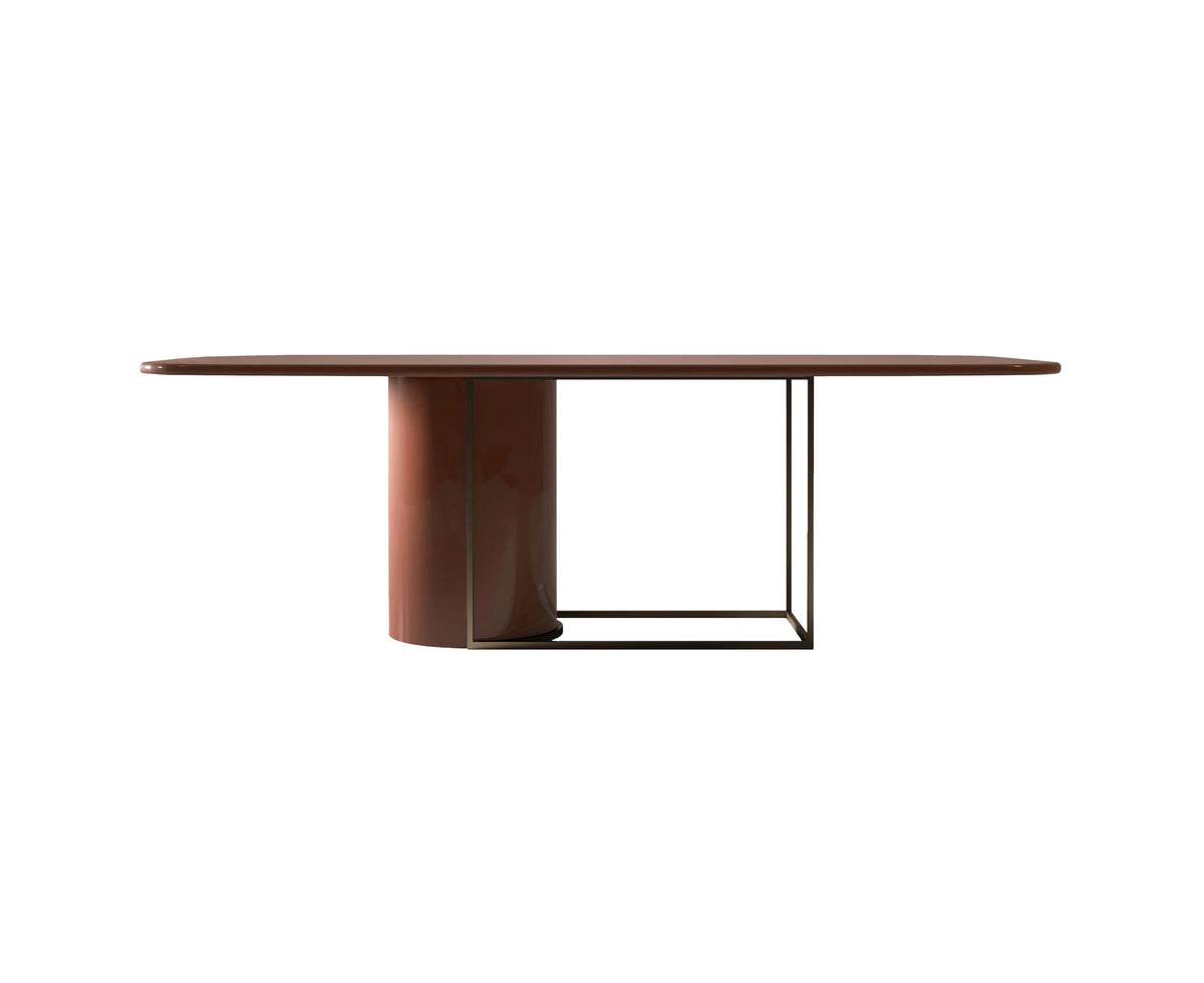Horus Dining Table with rust lacquer top and base and Satin Bronze frame, front view