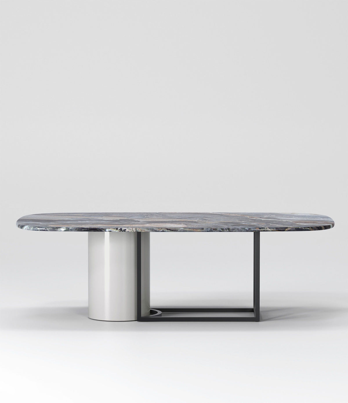 Horus Marble Dining Table with grey marble top, cylinder and frame base, side view