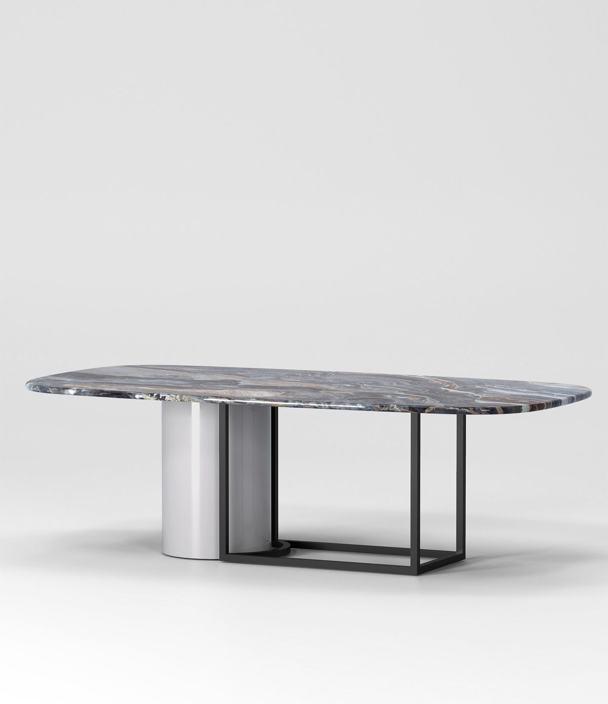 Horus Marble Dining Table with grey marble top, three-quarter view of the base