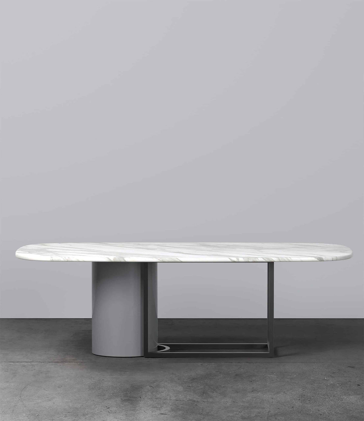 Horus Marble Dining Table with white marble top on a grey studio backdrop