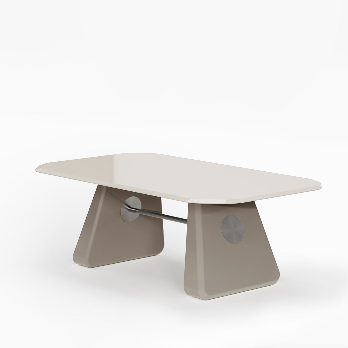 Inge Dining Table in glossy taupe lacquer, three-quarter view