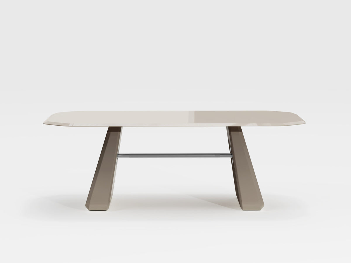 Inge Dining Table in taupe lacquer, side view on white