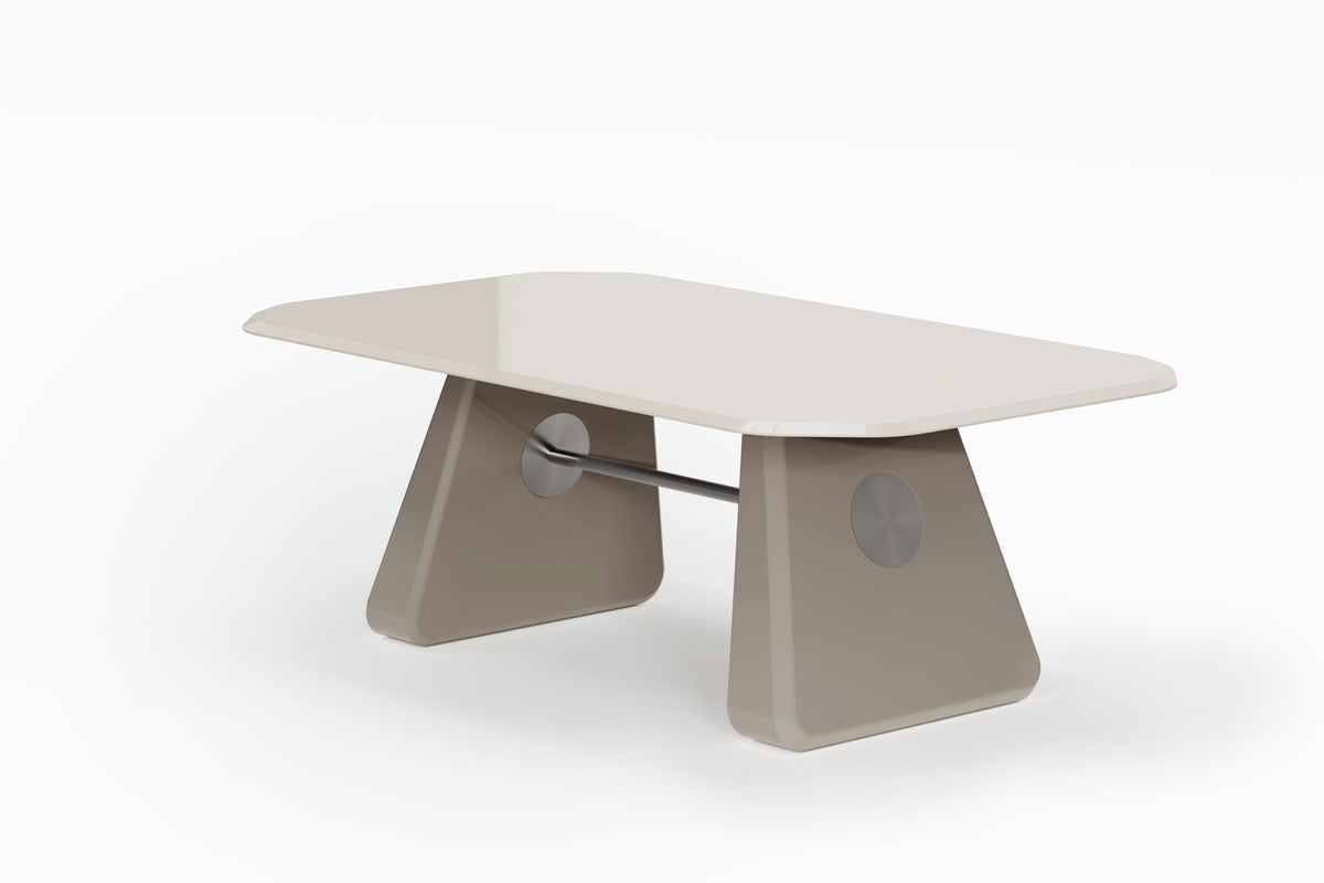 Inge Dining Table in light taupe lacquer, low angle view