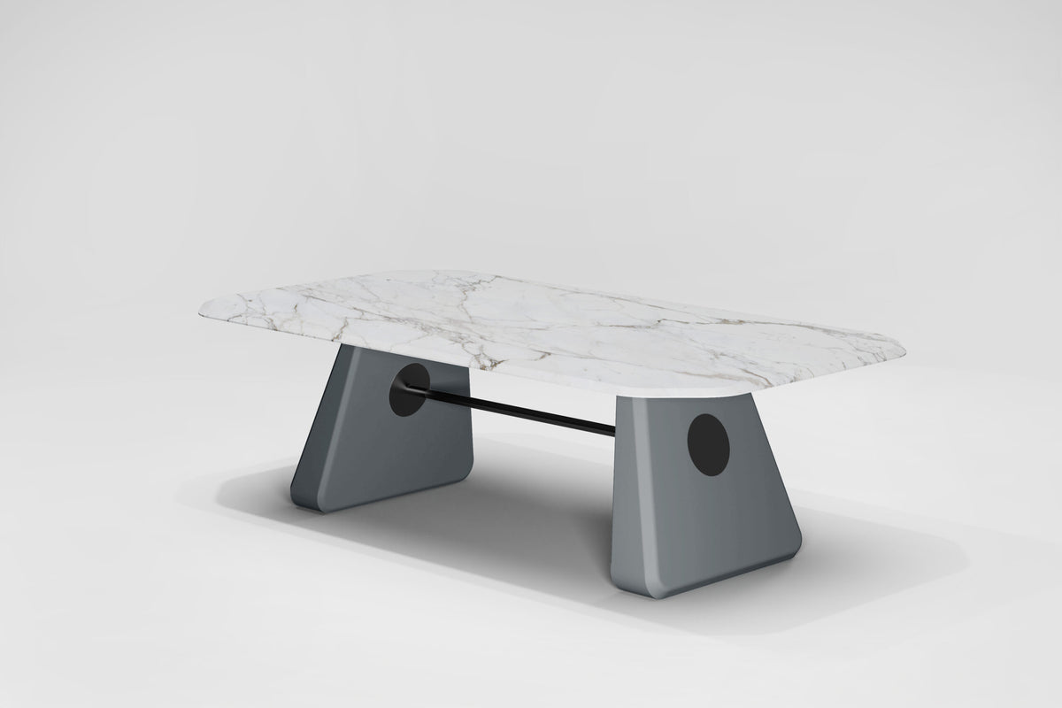 Inge Marble Dining Table with white marble top and slate grey legs, three-quarter view