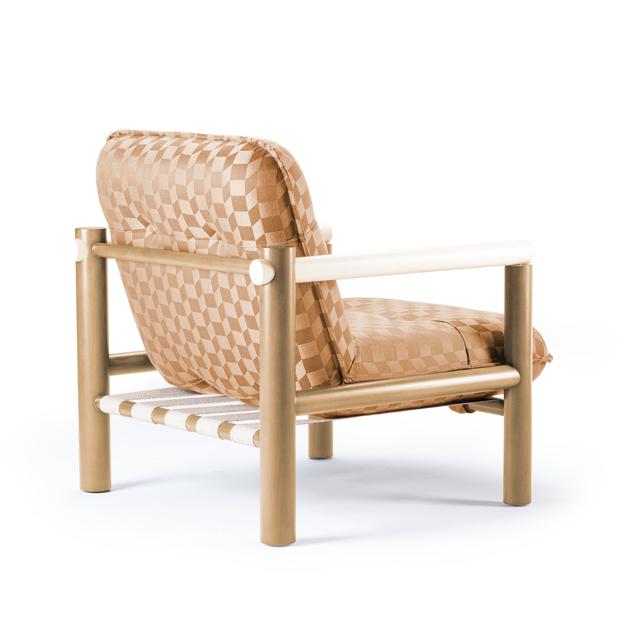 James Armchair in tan checkerboard weave, rear three-quarter view with webbing
