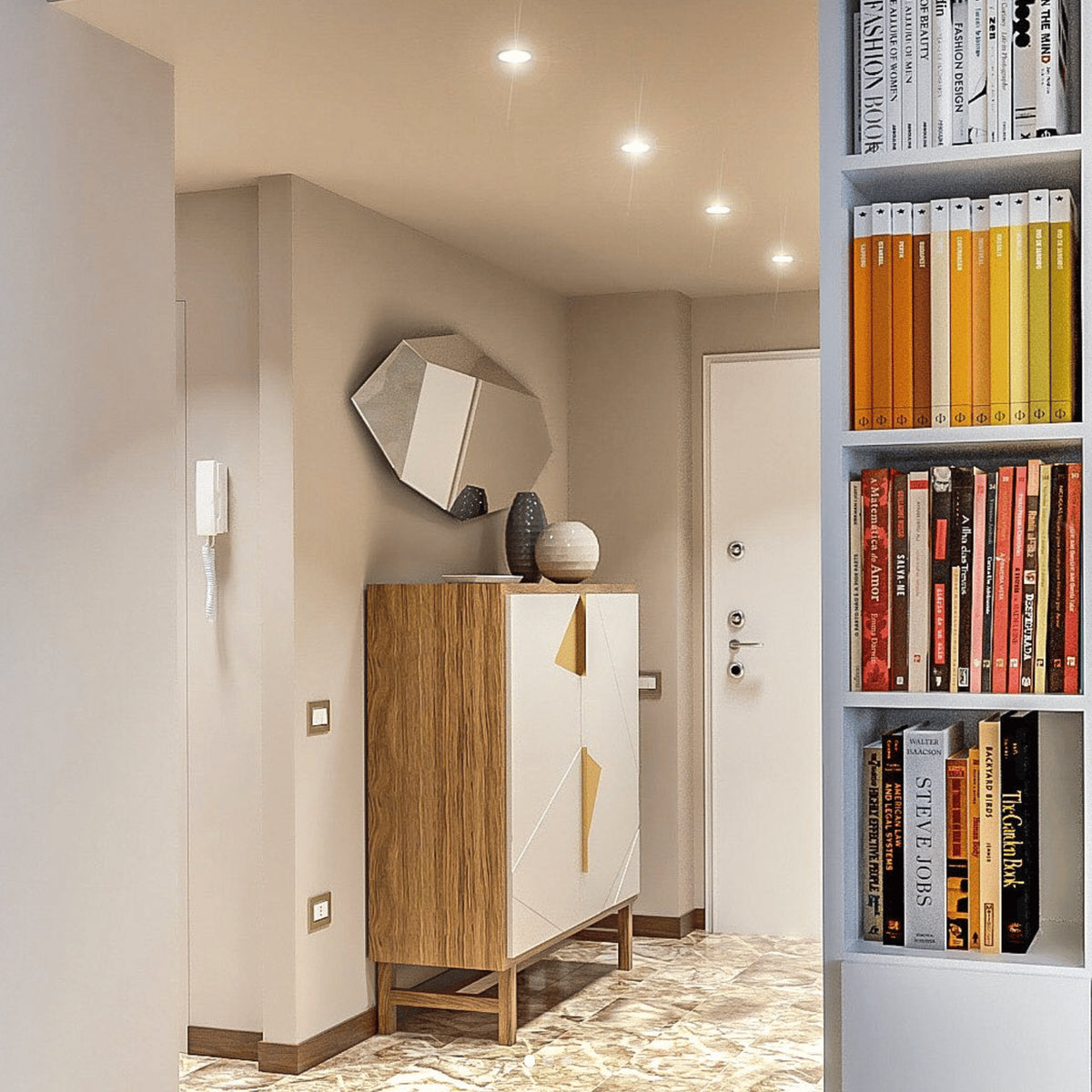 Jazz Bar Cabinet in Natural Oak and Ivory in an entryway beside bookshelves