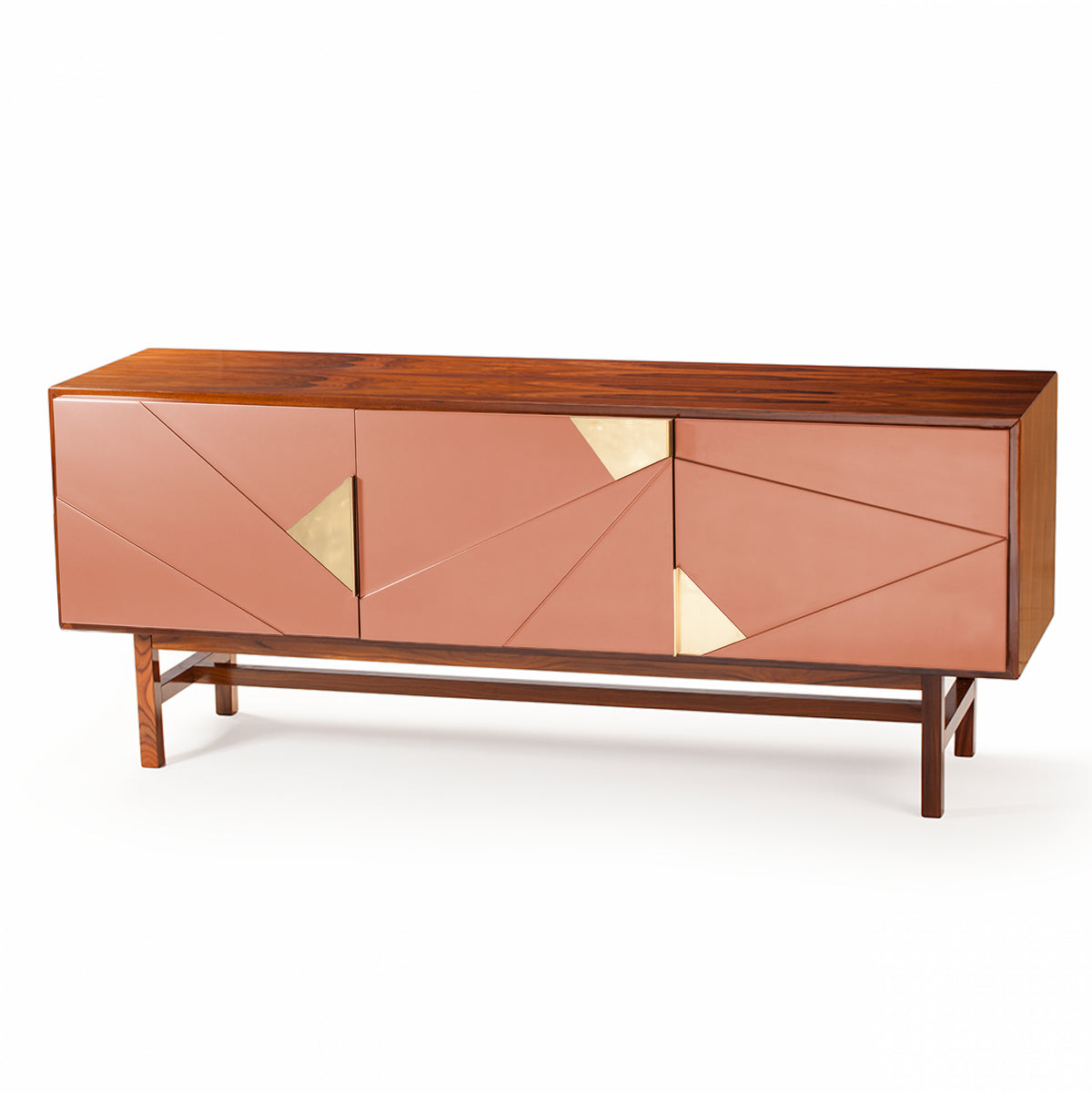 Jazz Sideboard in Natural Walnut with Rose lacquered doors and brass inlays