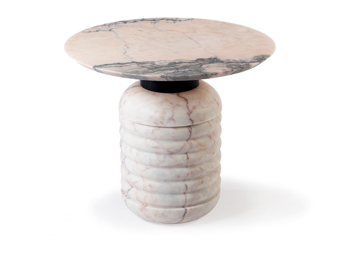 Jean Side Table with pink-veined Estremoz Rosa top on a white ribbed marble base