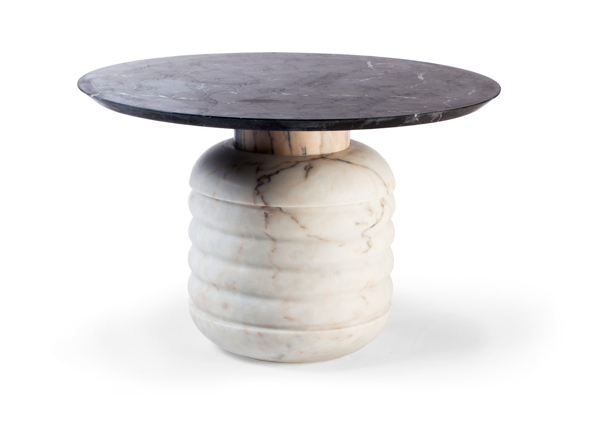 Jean Side Table with Nero Marquina top on a white ribbed marble base