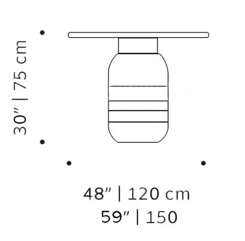 Jean Dining Table dimension drawing: 30"/75 cm high, 48"/120 cm and 59"/150 cm tops