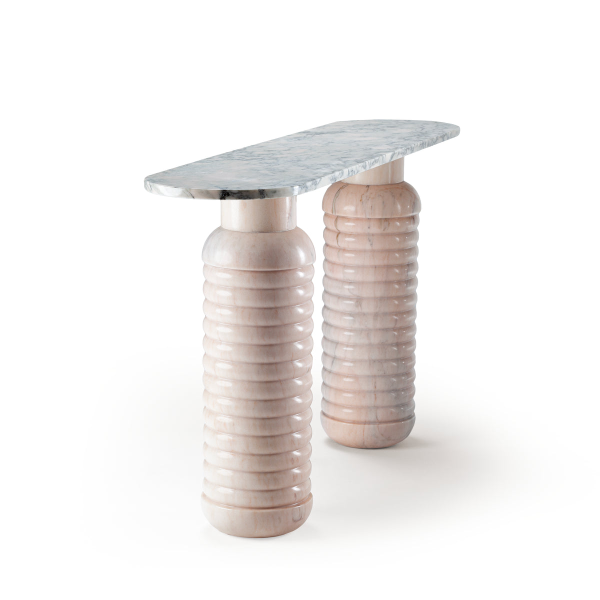 Jean Console Table in pink marble, angled side view of the ribbed columns