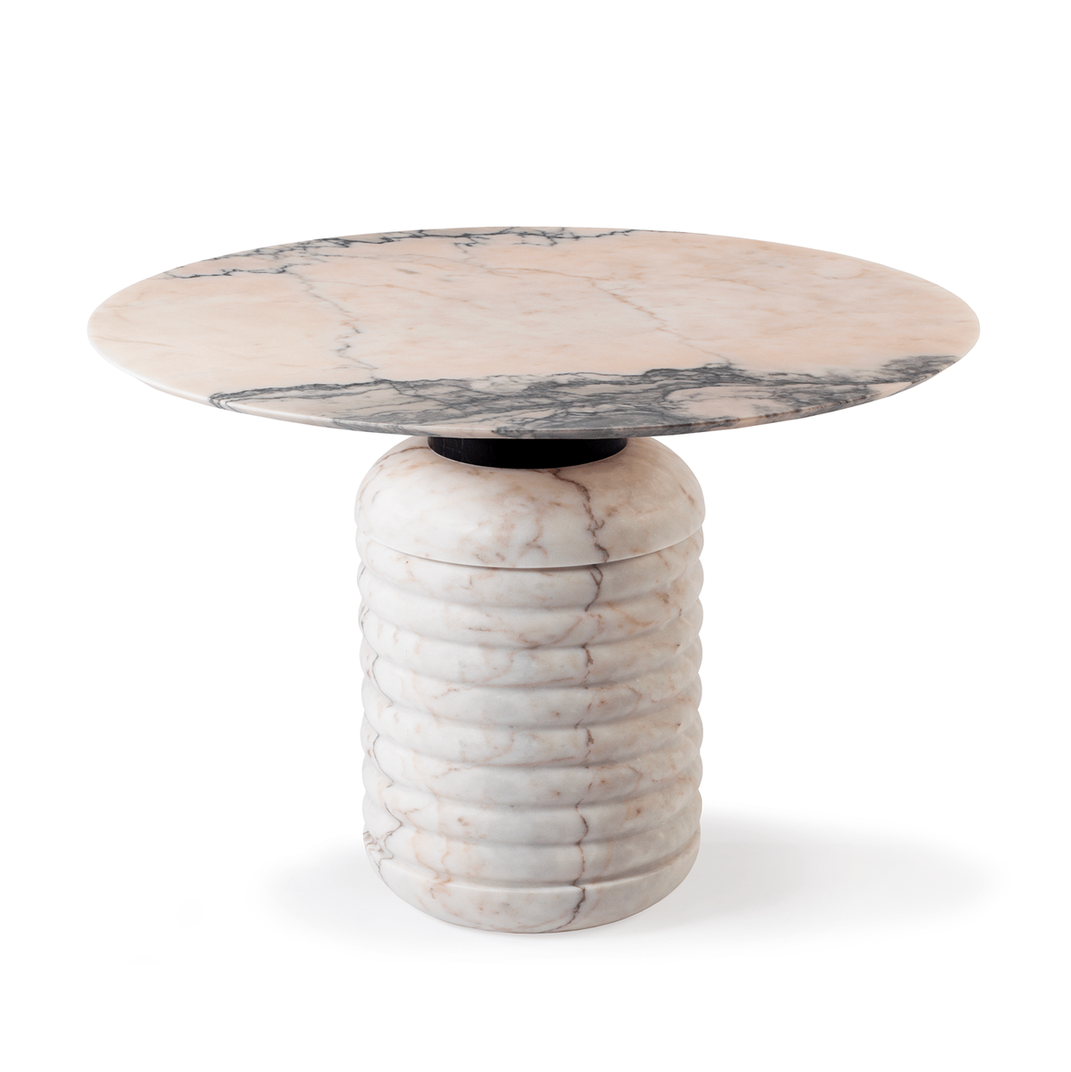 Jean Dining Table with Estremoz Rosa top on a ribbed white marble base
