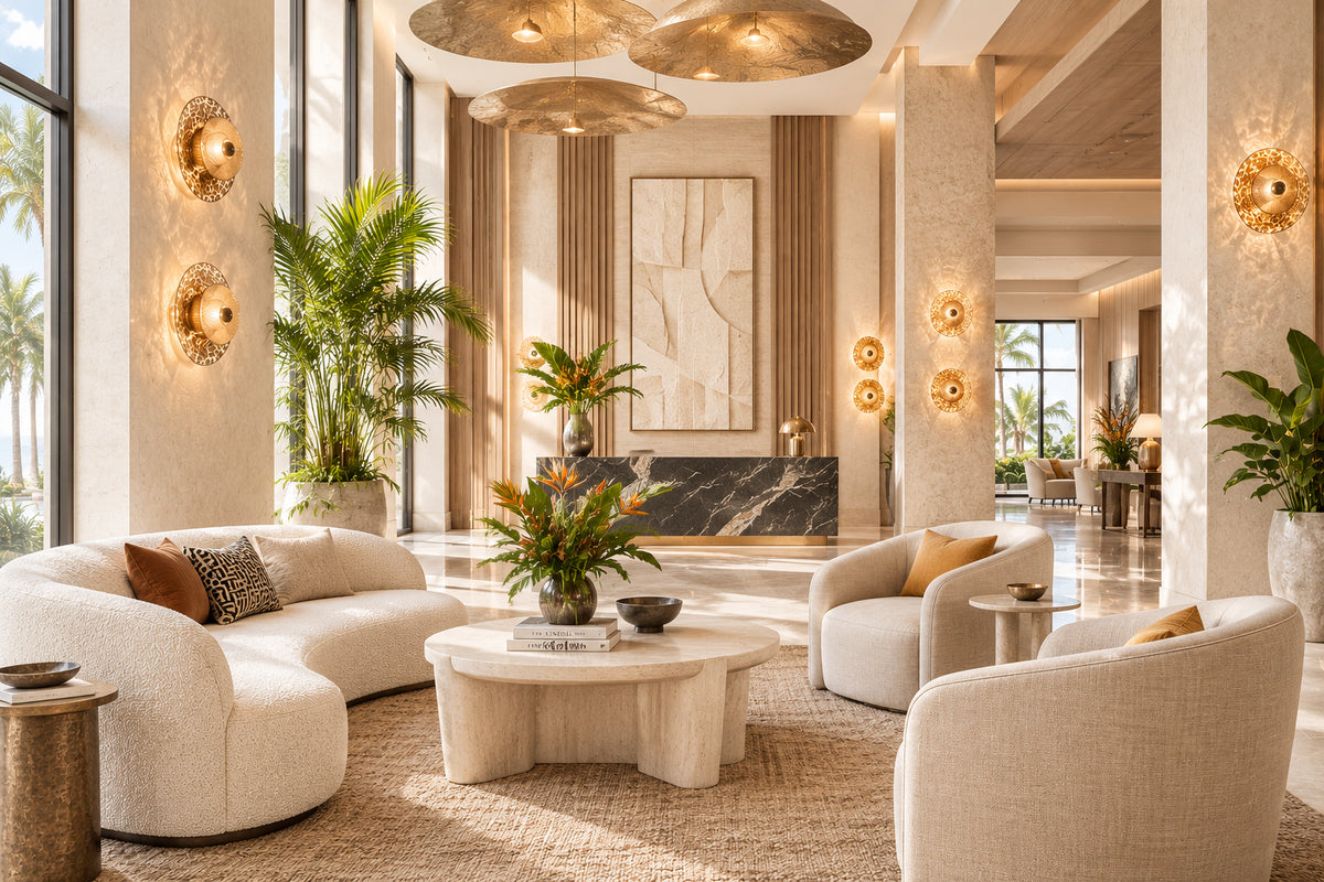 Lounge with layered pendant, sconce and ambient lighting by Maison Burgos