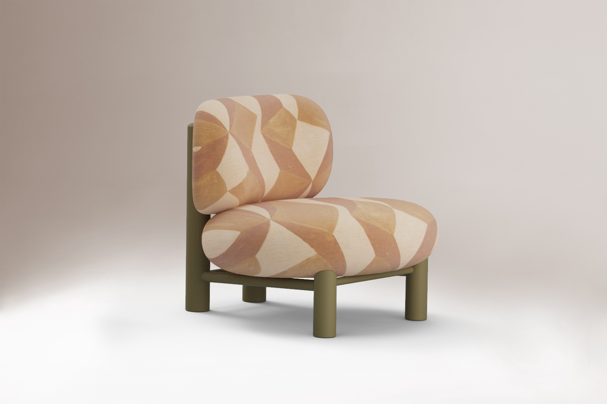 Aimi Lounge Chair in peach geometric fabric, side three-quarter view
