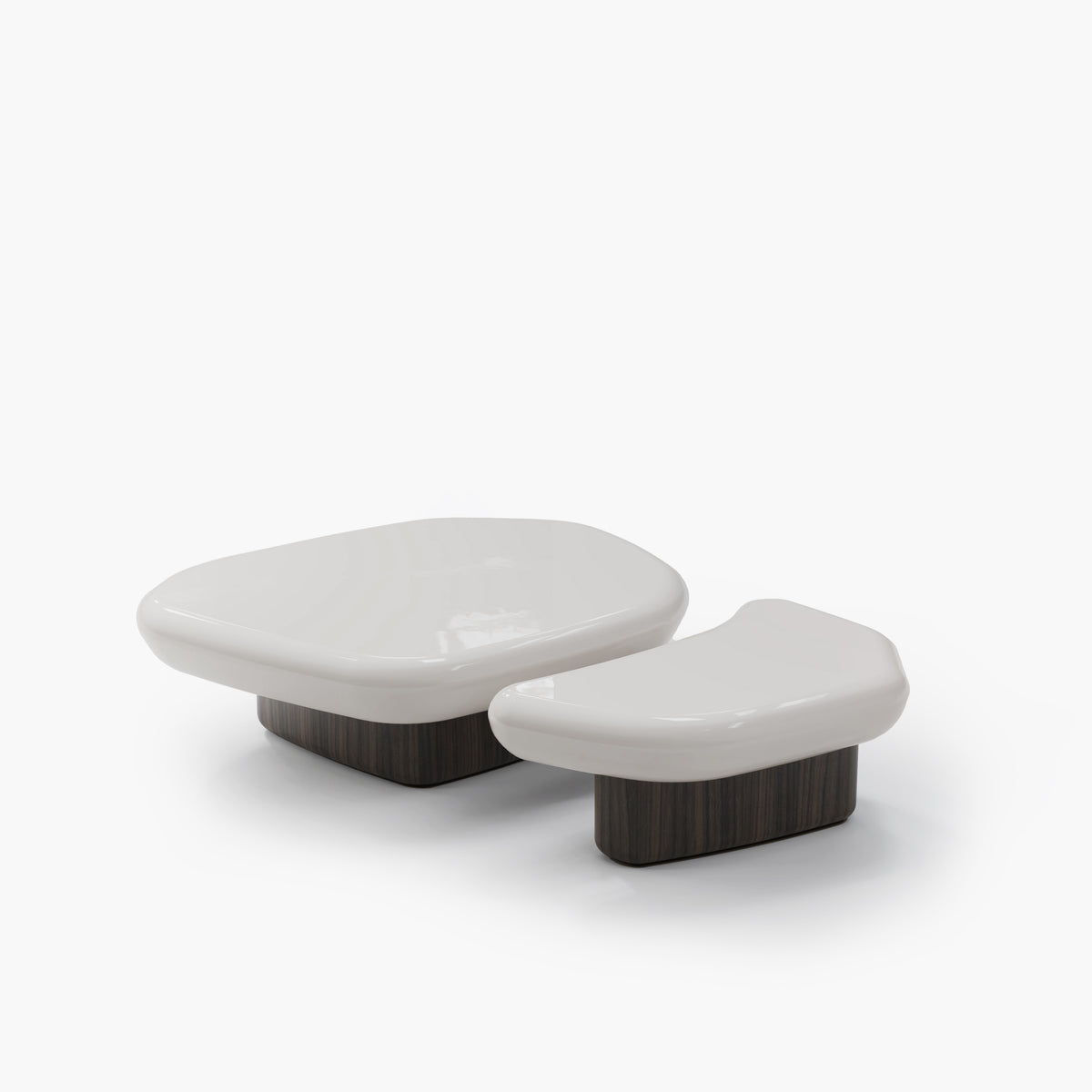 Kawa Coffee Tables in off-white gloss with dark bases on white