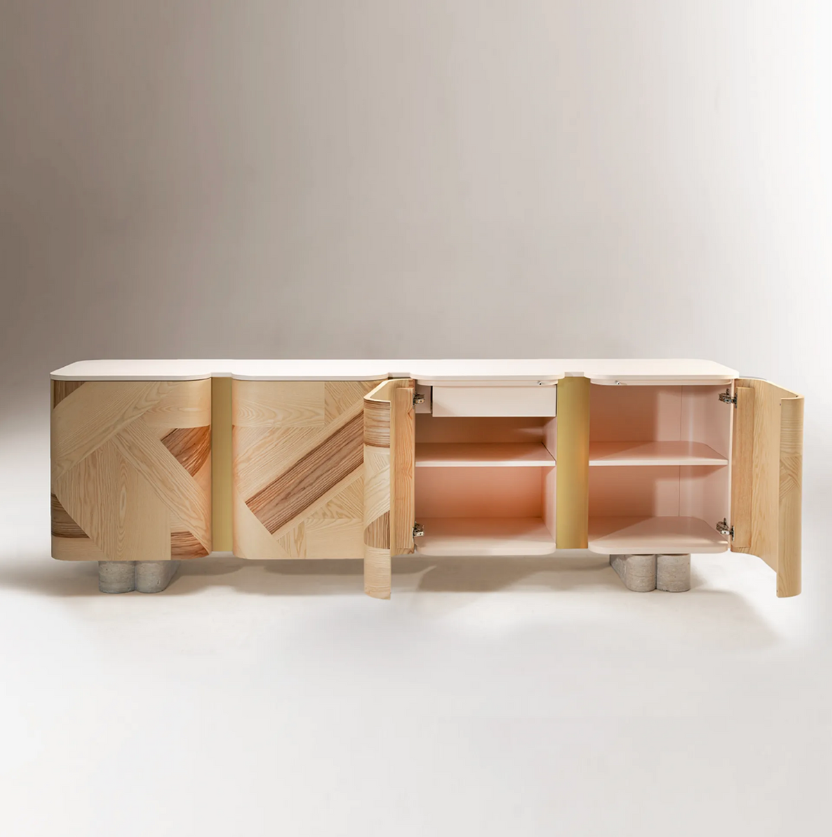 Kisho Sideboard olive ash veneer and nude lacquer credenza by Maison Burgos