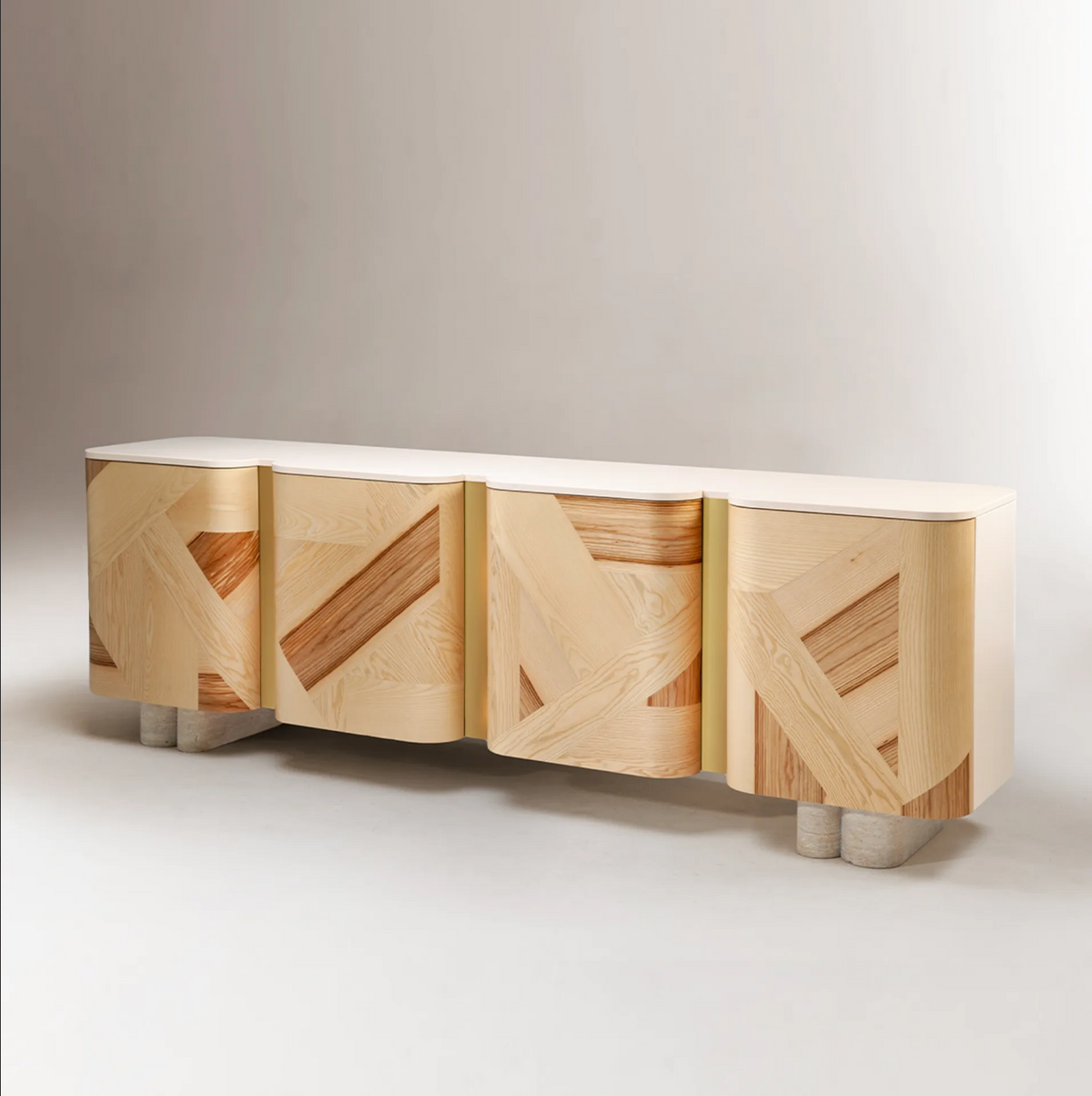 Kisho Sideboard sculpted marquetry doors and satin brass inlays by Maison Burgos