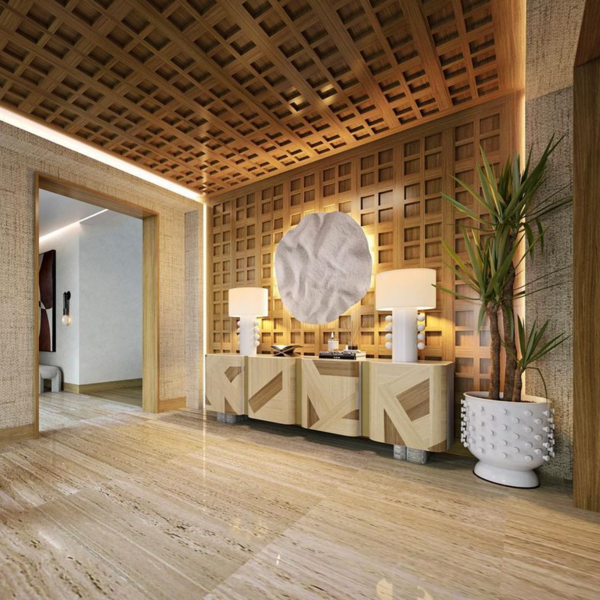 Kisho Sideboard styled with artwork and decor in a living space by Maison Burgos
