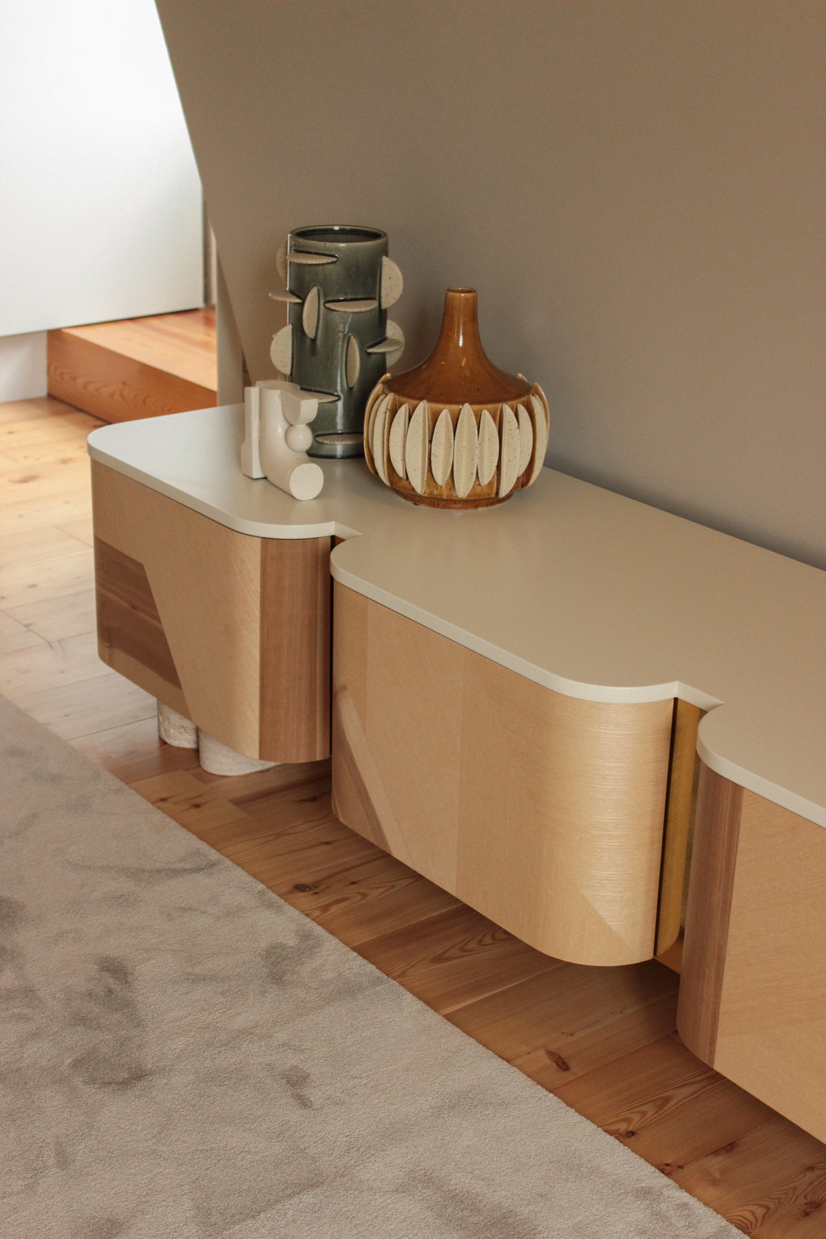 Kisho TV Stand olive ash marquetry and satin brass close-up by Maison Burgos