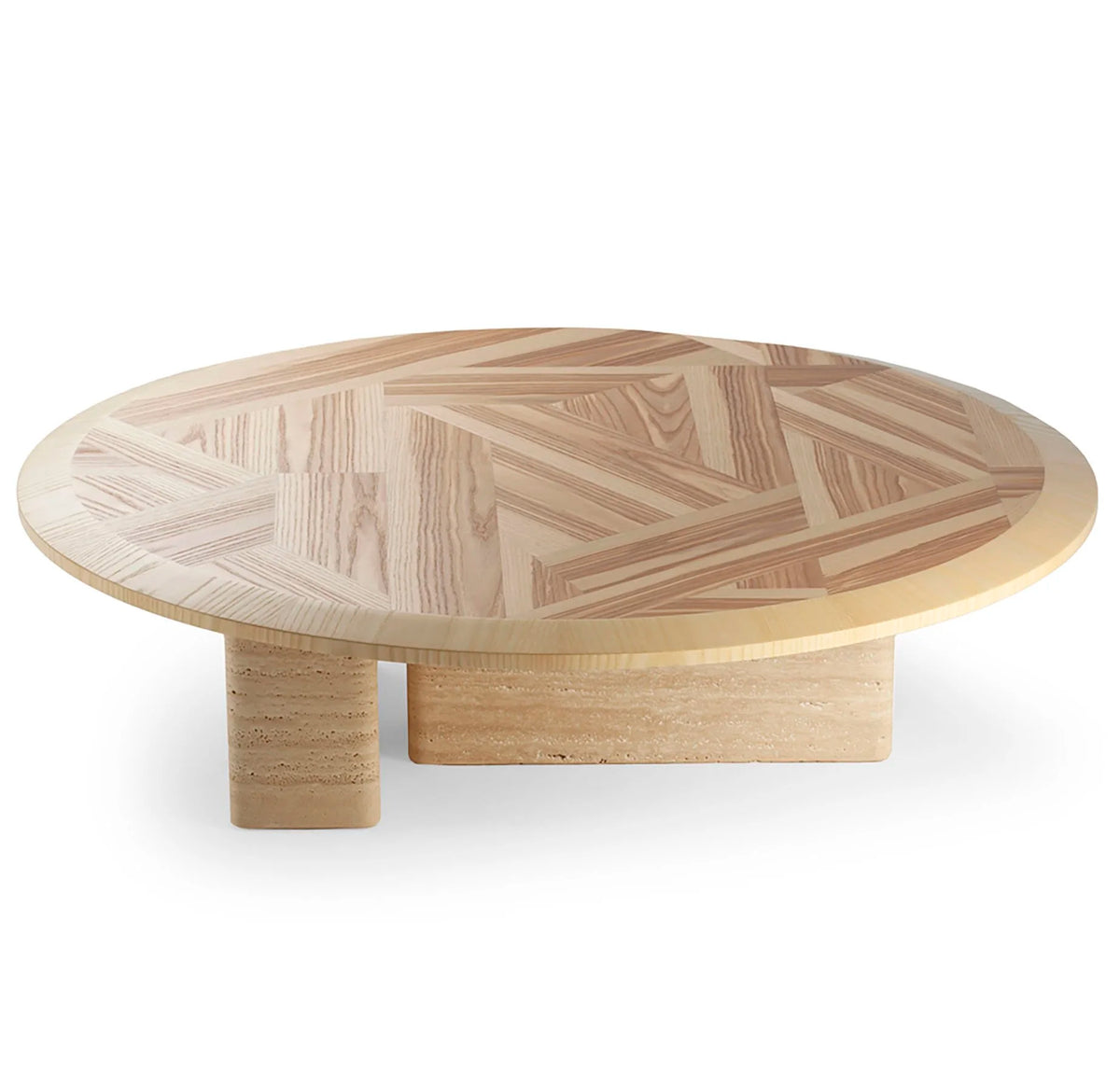L’anamour coffee table, olive ash top and travertine base, low angle