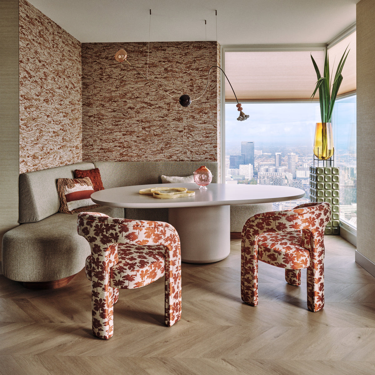 Laghi I Dining Table in white in a dining nook with brick-print wall