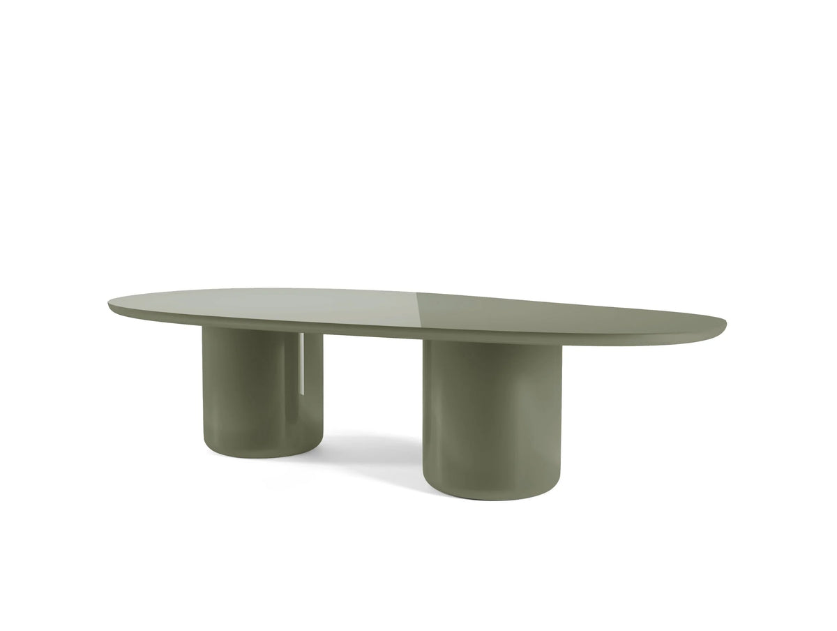 Laghi II Dining Table in sage green lacquer with two cylinder legs, side view