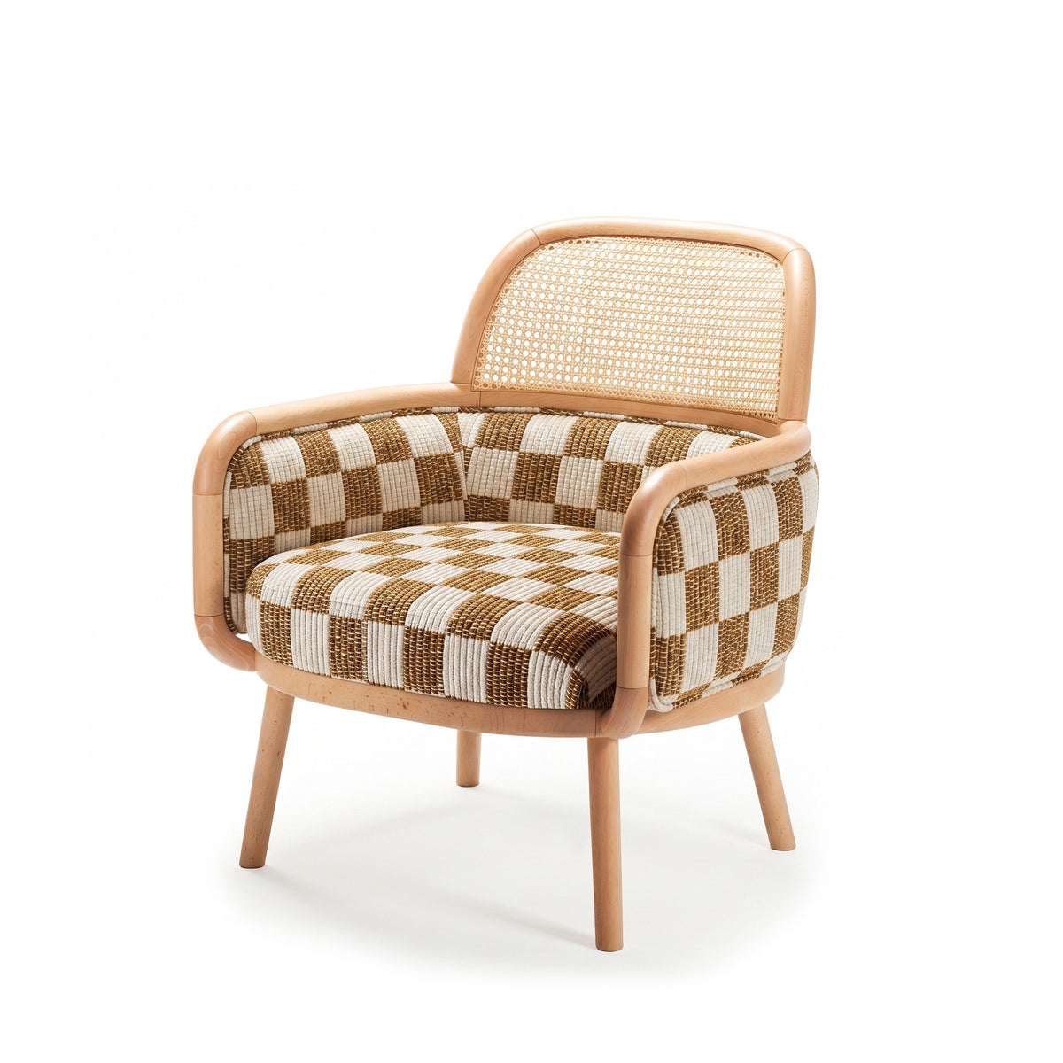 Luc Armchair in brown checkerboard fabric, angled front view