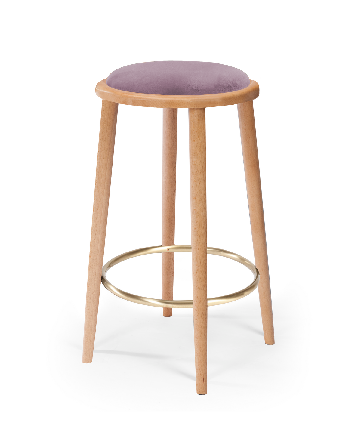Luc bar stool, lavender seat on natural wood legs