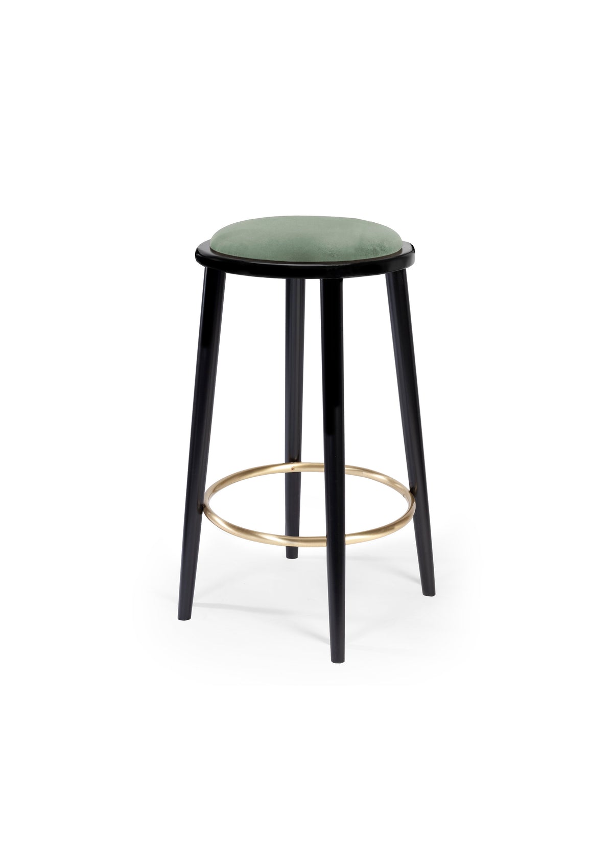 Luc bar stool with sage green seat on black lacquered legs and brass ring
