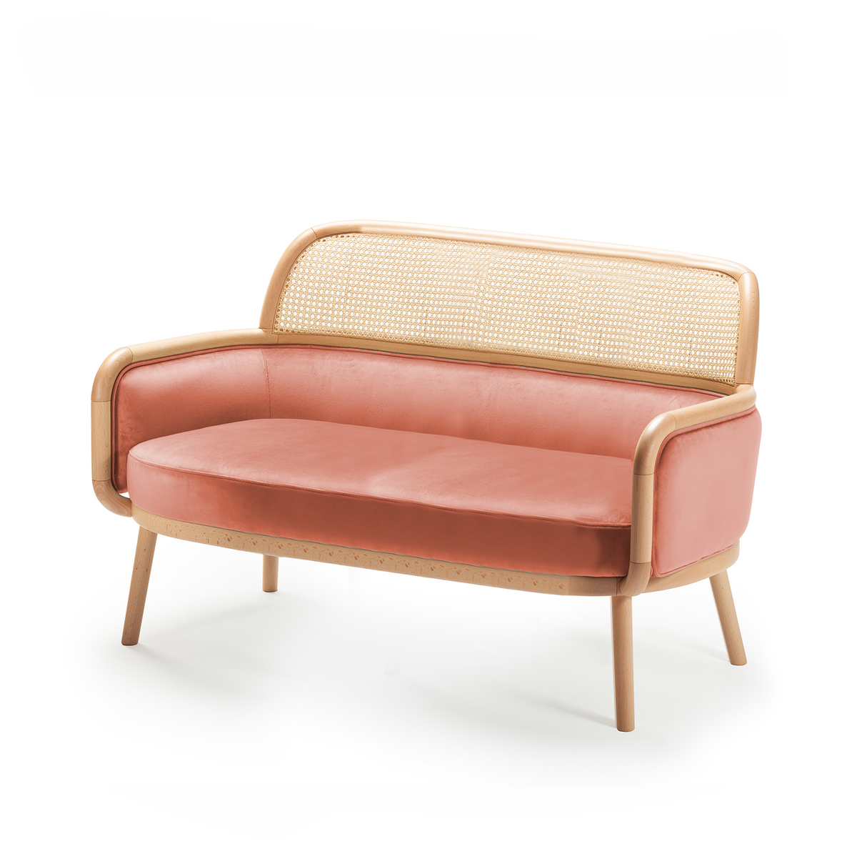 Luc Sofa Large in coral velvet with cane backrest and natural wood frame