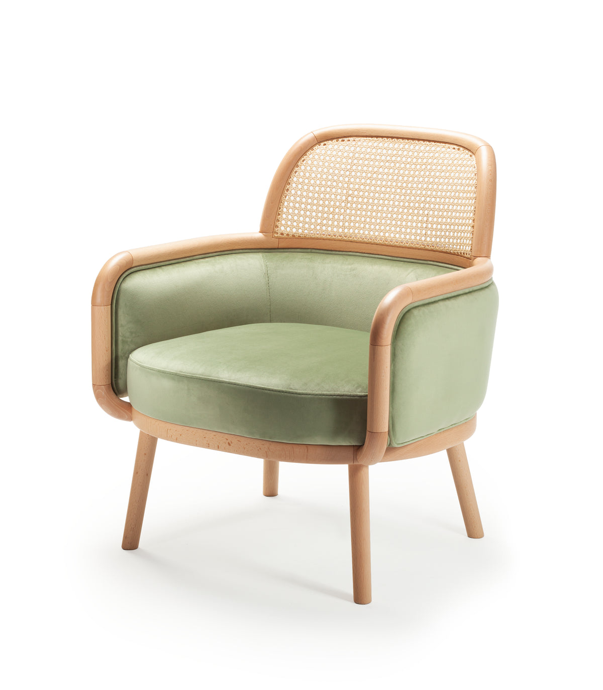 Luc Armchair in sage green velvet on white, angled view