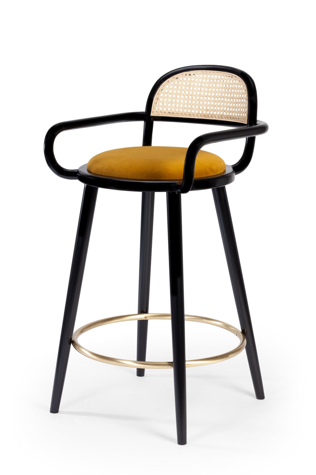 Luc bar chair in black with mustard seat, angled view