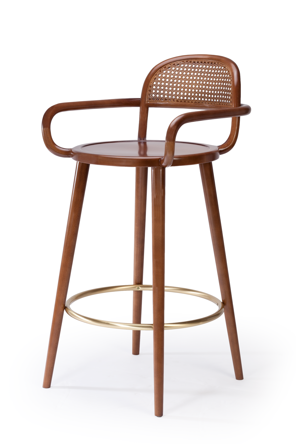 Luc bar chair in walnut-tone wood with brass footring, studio view