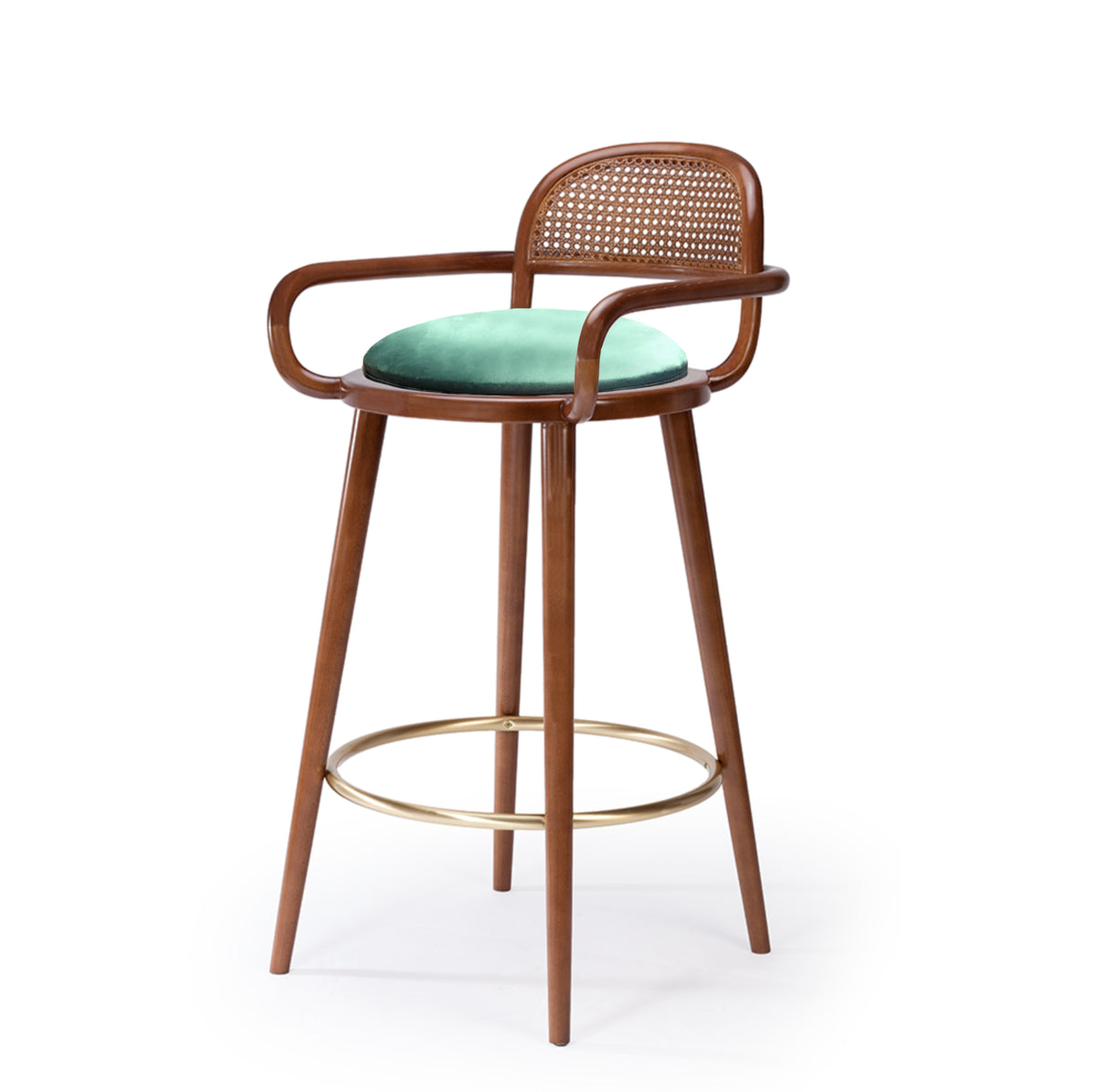 Luc bar chair in walnut-tone wood with mint seat, front view