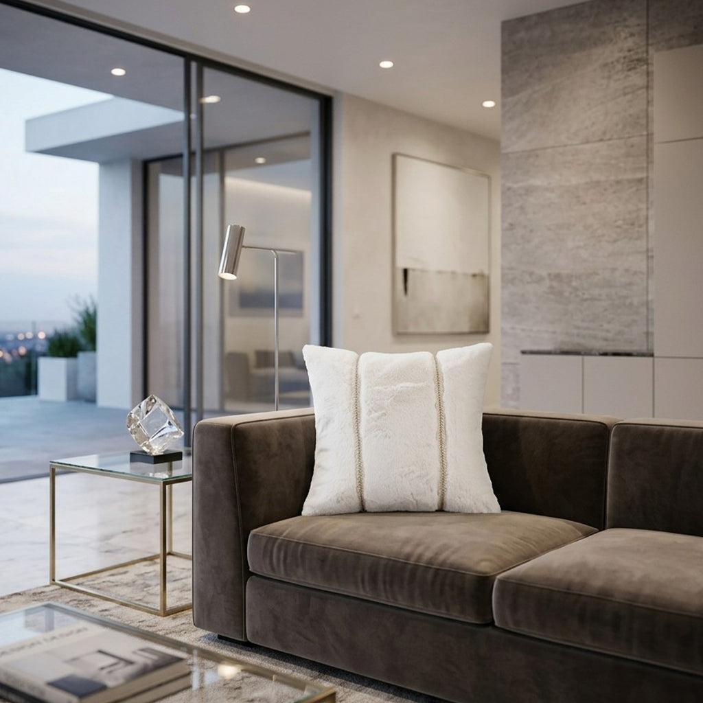 Lux Faux Fur White Pillow, styled in a living room by Maison Burgos