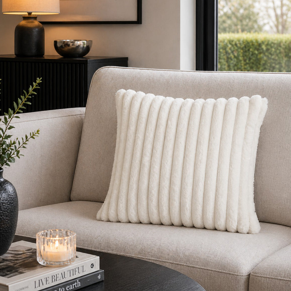 Lux White Fur Pillow, styled in a living room by Maison Burgos
