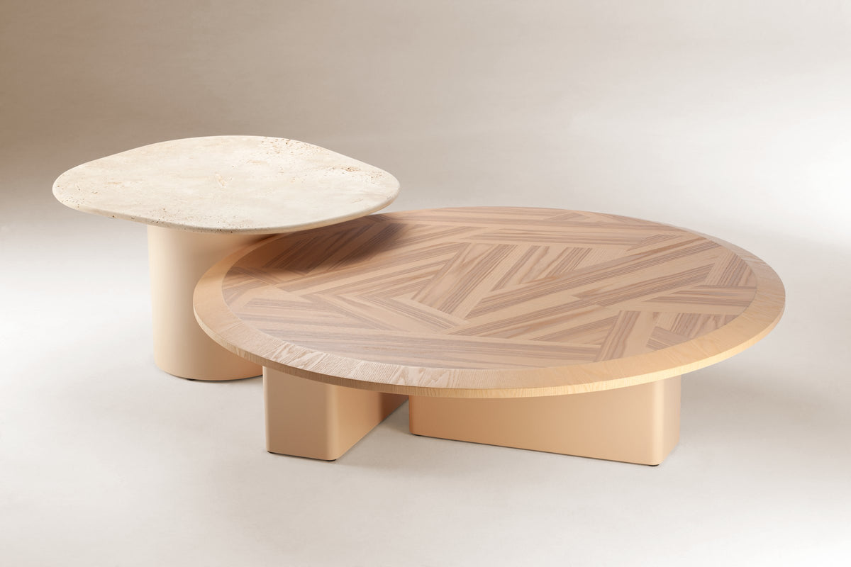L’anamour coffee and side tables in wood and travertine by Maison Burgos