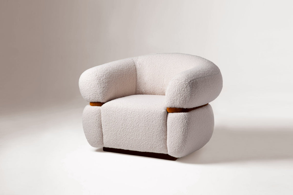 Malibu Armchair in ivory Bouclé with wood accent, three-quarter view