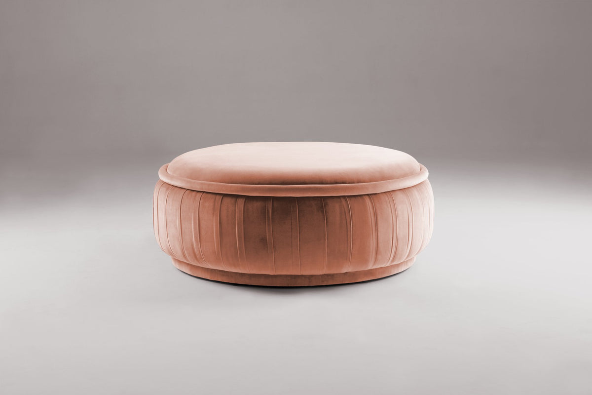 Malibu Ottoman in powder pink velvet with pleated sides