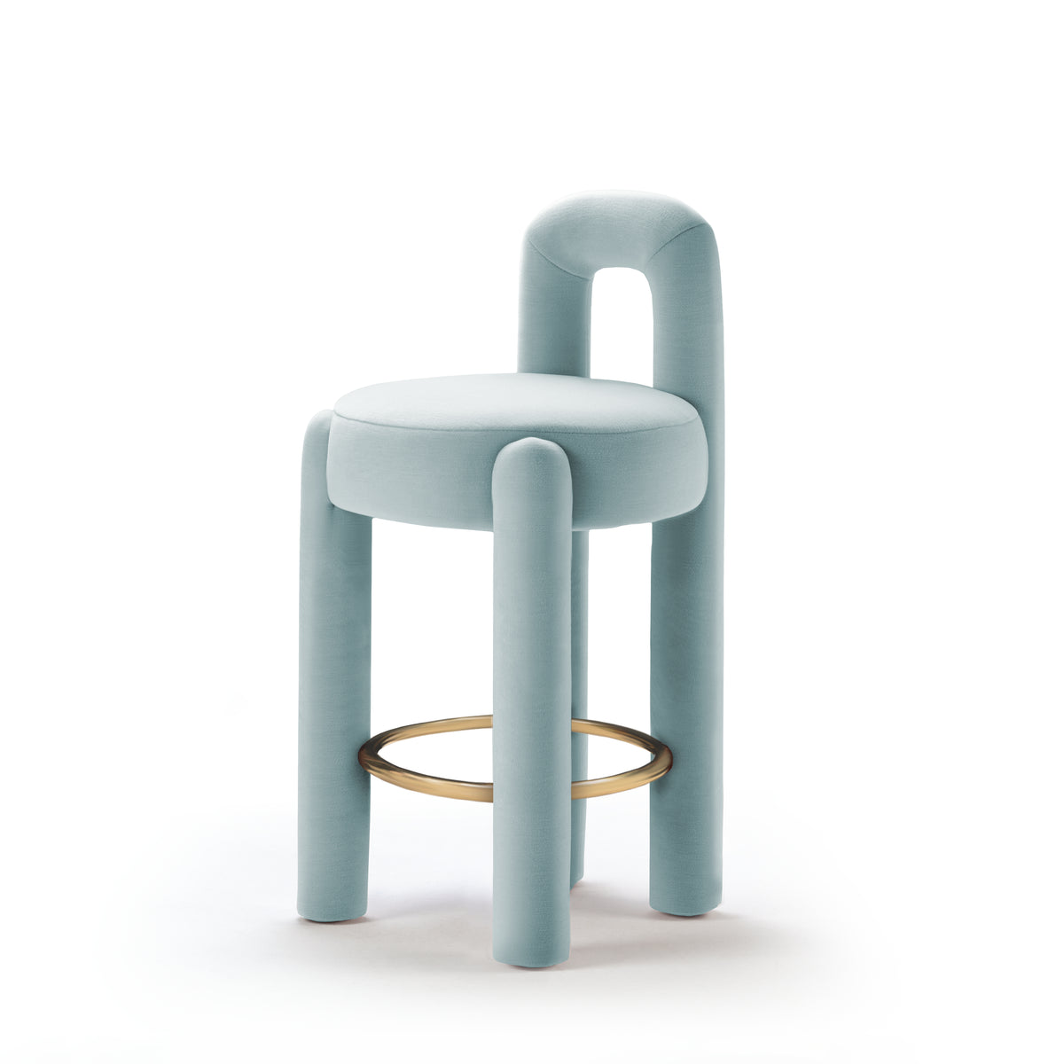 Marlon Bar Chair in pale blue velvet with brass footrest ring