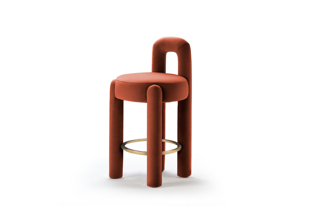 Marlon Counter Chair in rust velvet with brass footring, front view