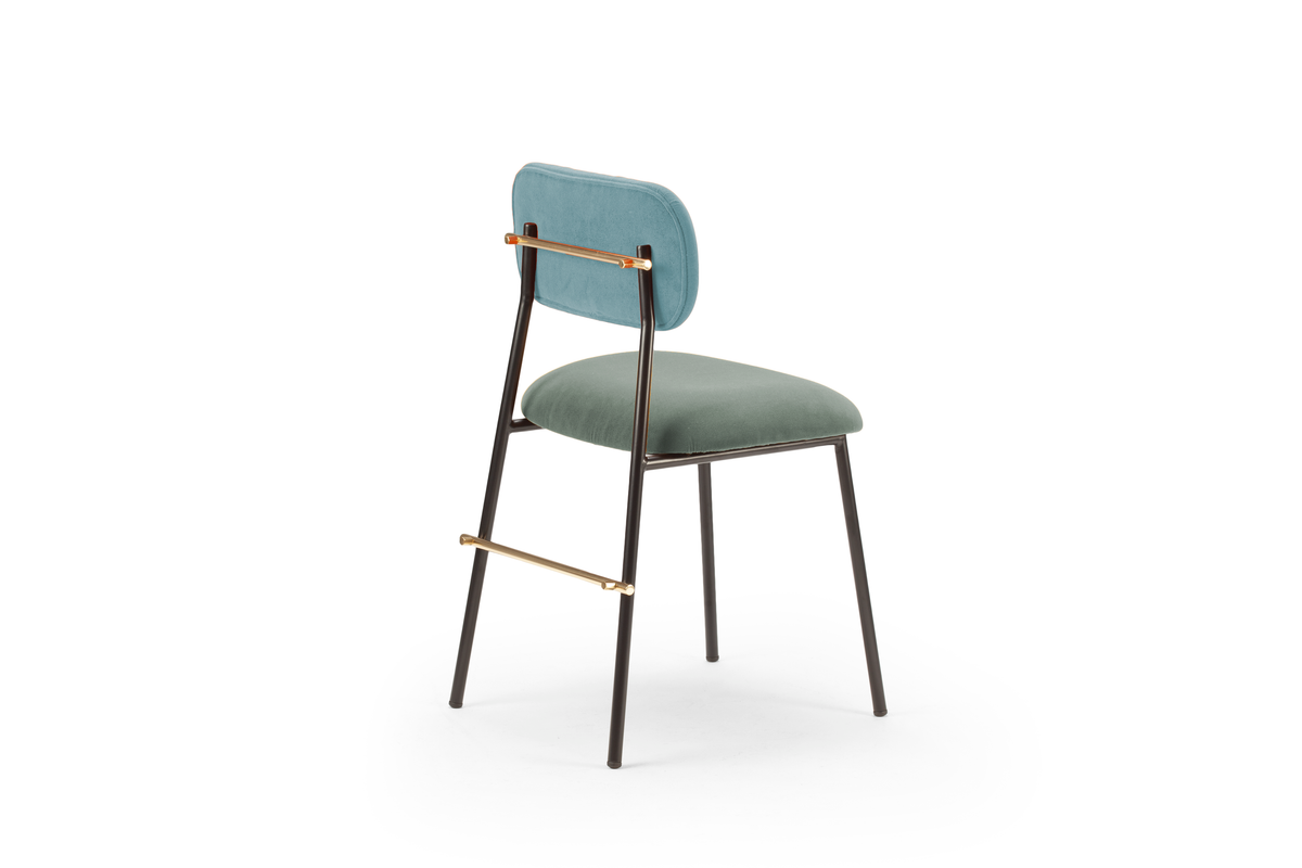 Miami Dining Chair with blue back and sage seat, rear three-quarter view with brass rail