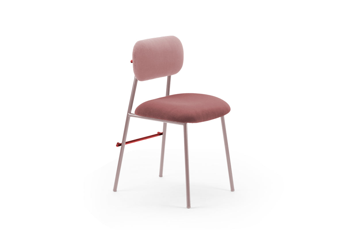 Miami Dining Chair in dusty pink velvet with pink frame, three-quarter view