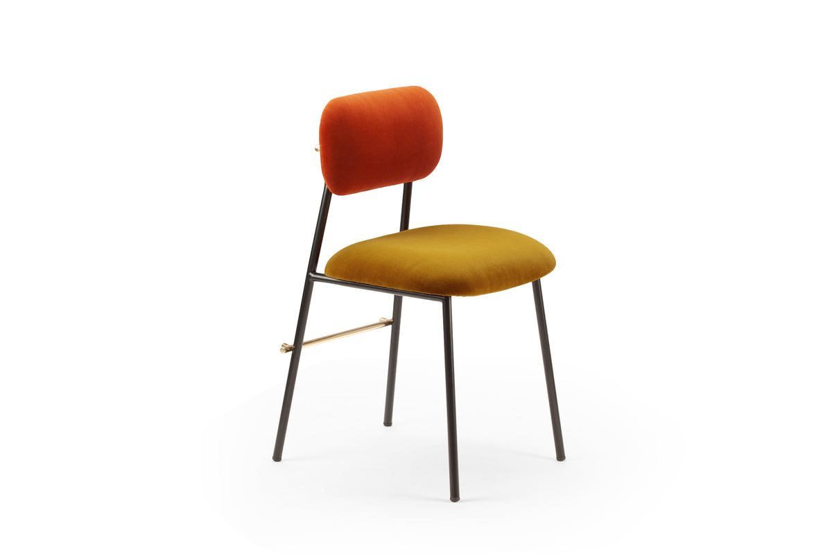 Miami Dining Chair with rust back and mustard seat, side three-quarter view