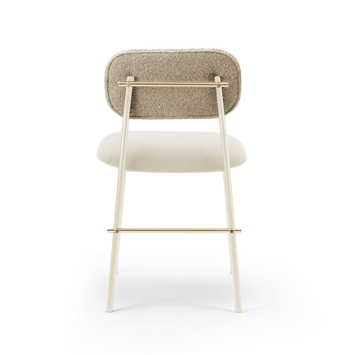 Miami Dining Chair in grey and cream boucle, back view showing the brass rail